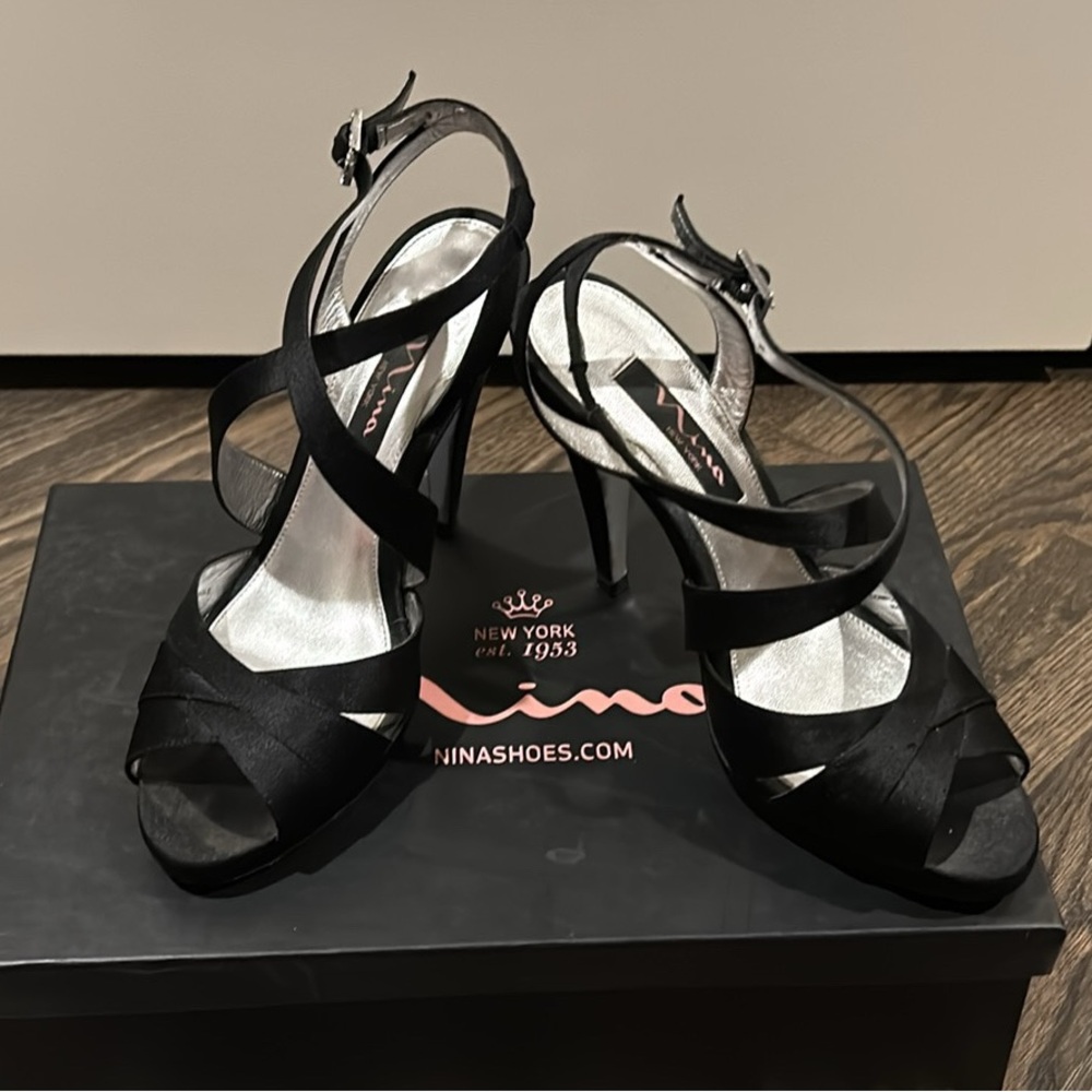 Black satin strappy sandal heels with rhinestone buckle